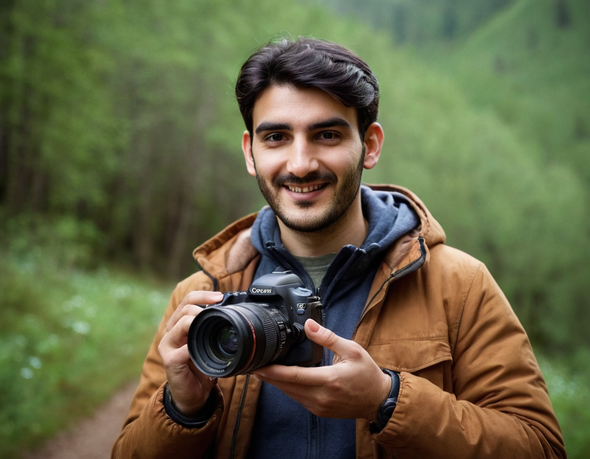 Photographer in nature holding a small backup device