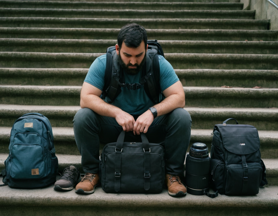 Frustrated traveler with laptop and camera gear