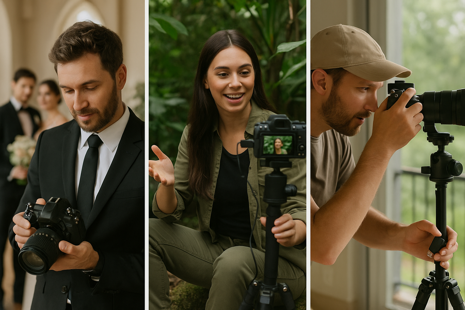 Collage of creators using PurrfectBackup: wedding photographer, vlogger, wildlife shooter